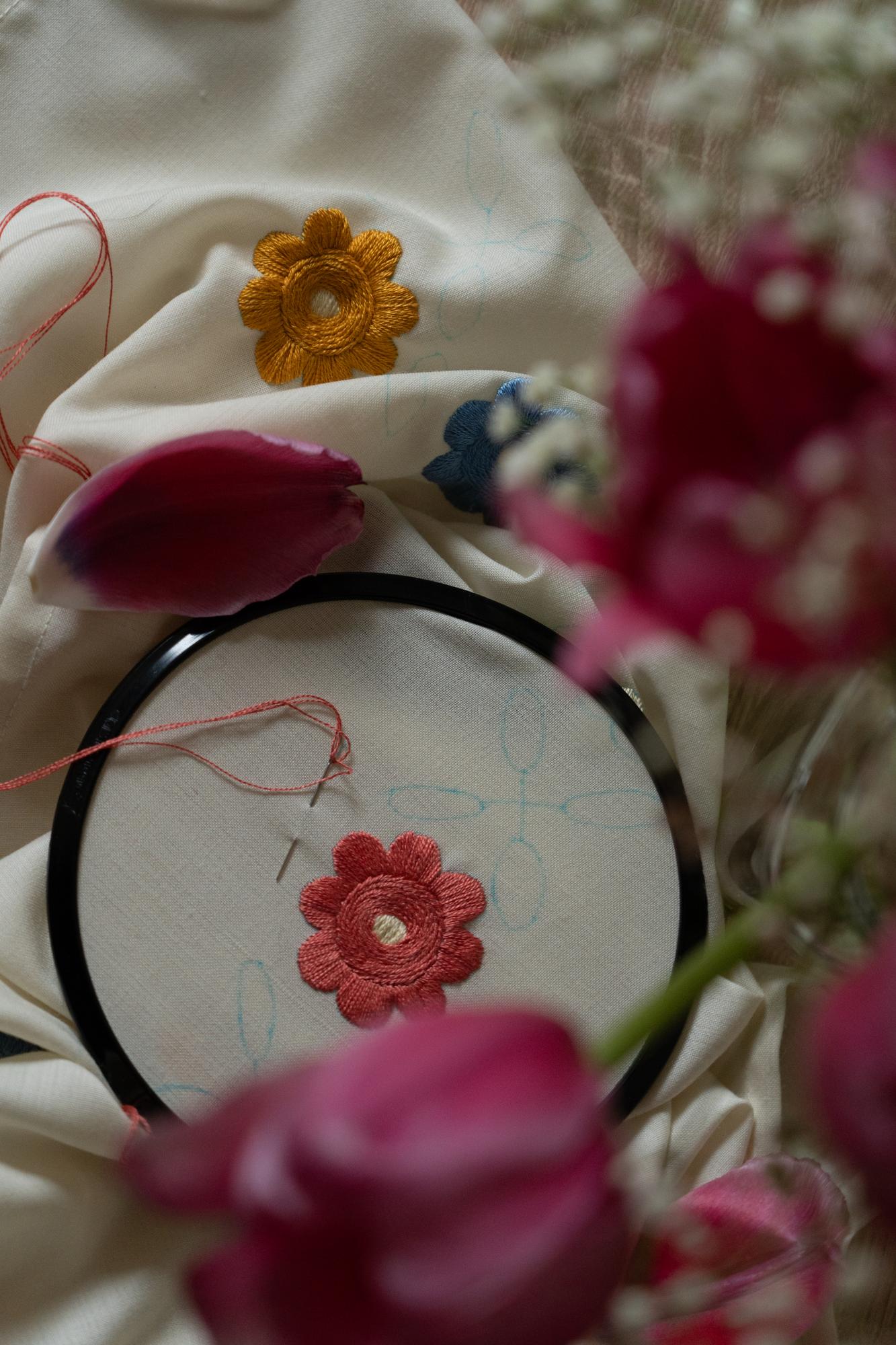 Close-up of embroidered floral hoop in elegant studio